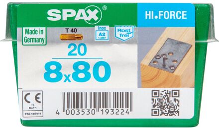 Spax Spaanplaatschroef Hi.force Rvs A2 Schotelkop Torx T40 - 8x80mm - 20 Stuks