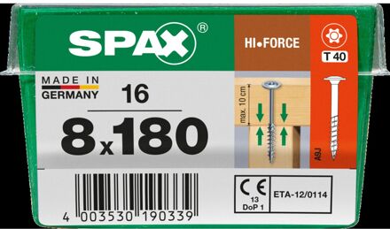 Spax Spaanplaatschroef Hi.force Wirox Verzonken Kop Torx T40 - 8x180mm - 16 Stuks Deeldraad