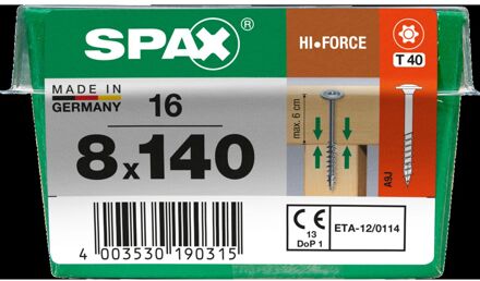 Spax Spaanplaatschroef T-star Wirox Schotelkop Torx T40 - 8x140mm - 16 Stuks
