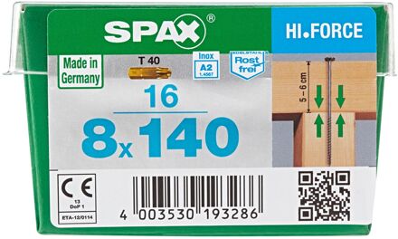 Spax Universele Schroef T-star Rvs Verzonken Kop Torx T40 - 8x140mm - 16 Stuks