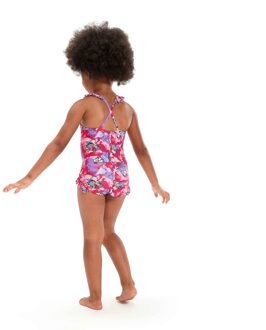 Speedo Een eendelig babypakje met dunne bandjes en franje, bedrukt om te leren zwemmen (Roze/paars)