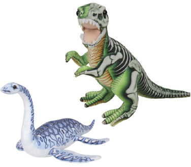 Speelgoed set van 2x pluche dino knuffels T-Rex en Plesiosaurus van 30 cm - Knuffeldier Multikleur