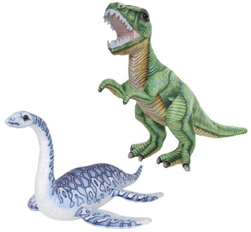 Speelgoed set van 2x pluche dino knuffels T-Rex en Plesiosaurus van 30 cm - Knuffeldier Multikleur