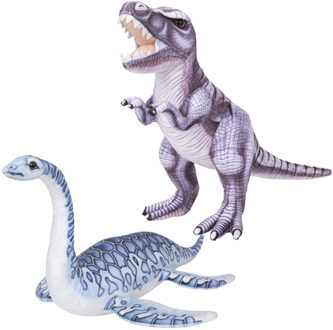 Speelgoed set van 2x pluche dino knuffels T-Rex en Plesiosaurus van 30 cm - Knuffeldier Multikleur