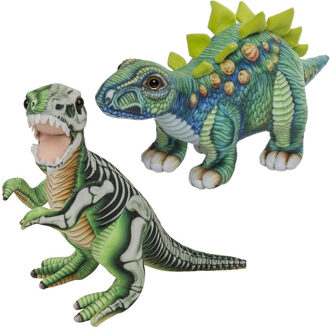 Speelgoed set van 2x pluche dino knuffels T-Rex en Stegosaurus van 30 cm - Knuffeldier Multikleur