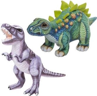 Speelgoed set van 2x pluche dino knuffels T-Rex en Stegosaurus van 30 cm - Knuffeldier Multikleur