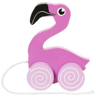 speelgoed trekdiertje flamingo - hout - 13 cm - roze - Trekfiguren Multikleur