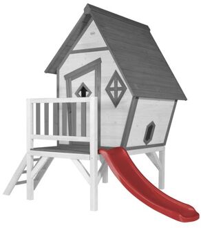 Speelhuis Cabin XL Wit met rode glijbaan Speelhuis op palen met veranda gemaakt van FSC hout