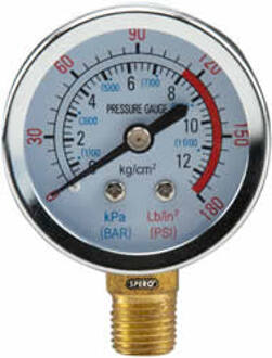 Spero Metalen compressor drukmeter | 54mm | Bar/PSI | onderaansluiting 1/4 (M) | max. 12Bar - gcmtraklMT