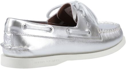 Sperry Authentic 2 Eye Dames Bootschoenen Van Zilver Leer - EU 38.5 / UK 5.5