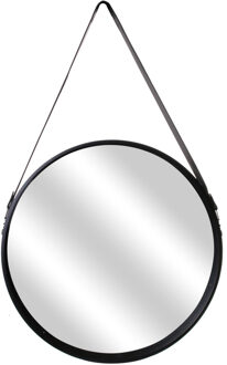 spiegel - rond - zwart - hout - met leren handvat - D50 cm