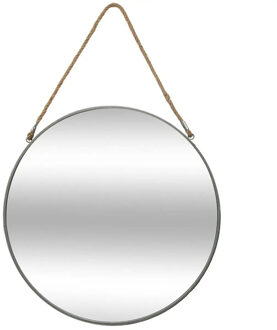 Spiegel/wandspiegel - rond - Dia 55 cm - metaal/glas - grijs - met ophangtouw - Spiegels