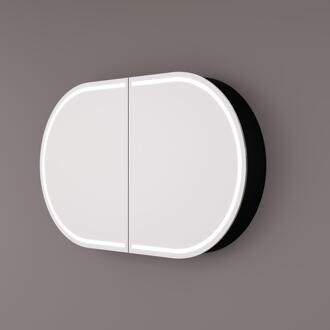 spiegelkast Ovaal Recht - Mat Zwart 120 x 70 x 13 cm met LED Baan Rondom Spiegelverwarming Geaard Stopcontact Verstelbare Glazen Planchetten