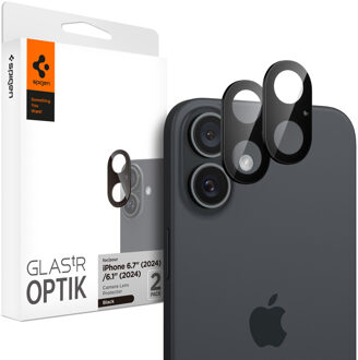 Spigen Optik Lens Protector - Full Camera bescherming (2-pack) voor de Apple iPhone 16 / 16 Plus - Black Transparant