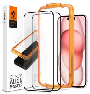 Spigen Screen Protector geschikt voor iPhone 15 Plus - Spigen AlignMaster Full Cover Glass - 2 Pack zwart