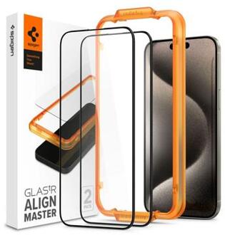 Spigen Screen Protector geschikt voor iPhone 15 Pro Max - Spigen AlignMaster Full Cover Glass - 2 Pack zwart