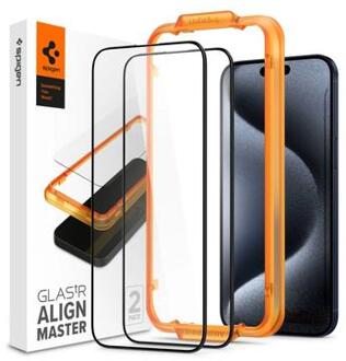 Spigen Screen Protector geschikt voor iPhone 15 Pro - Spigen AlignMaster Full Cover Glass - 2 Pack zwart
