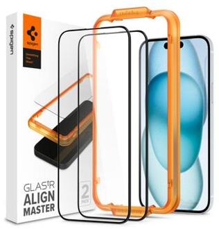 Spigen Screen Protector geschikt voor iPhone 15 - Spigen AlignMaster Full Cover Glass - 2 Pack zwart