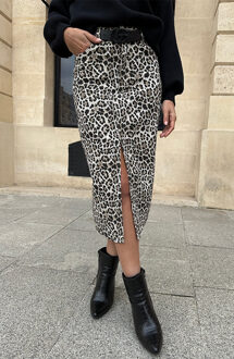 Spijkerrok Met Split Leopard Bruin