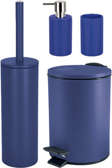 Spirella Badkamer accessoires set - WC-borstel/pedaalemmer/zeeppompje/beker - metaal/keramiek - donkerblauw