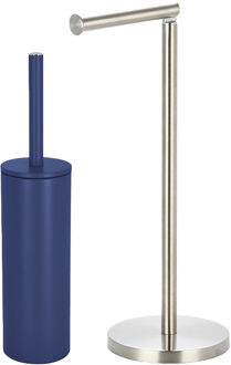 Spirella Badkamer accessoires set - WC-borstel/toilet rollen houder - metaal/porselein - donkerblauw