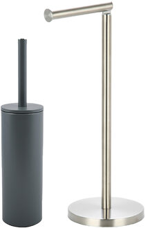 Spirella Badkamer accessoires set - WC-borstel/toilet rollen houder - metaal/porselein - donkergrijs