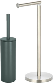 Spirella Badkamer accessoires set - WC-borstel/toilet rollen houder - metaal/porselein - donkergroen