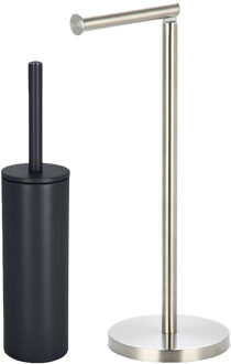 Spirella Badkamer accessoires set - WC-borstel/toilet rollen houder - metaal/porselein - zwart