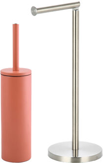 Spirella Badkamer accessoires set - WC-borstel/toiletrollen houder - terracotta/zilver - Badkameraccessoireset Bruin