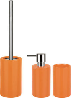 Spirella Badkamer accessoires set - WC-borstel/zeeppompje/beker - porselein - oranje - Badkameraccessoireset