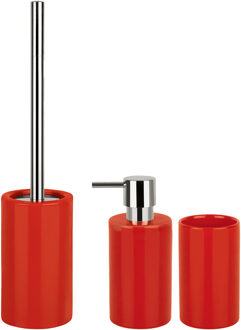 Spirella Badkamer accessoires set - WC-borstel/zeeppompje/beker - porselein - rood - Badkameraccessoireset