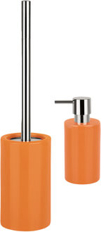 Spirella Badkamer accessoires set - WC-borstel/zeeppompje - porselein - oranje - Badkameraccessoireset