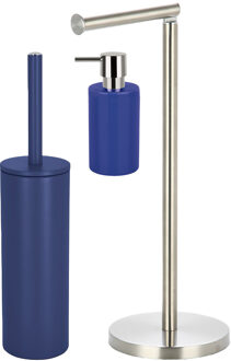 Spirella Badkamer accessoires set - WC-borstel/zeeppompje/rollenhouder - metaal/porselein - donkerblauw