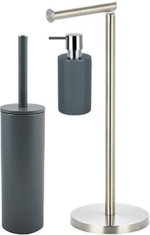 Spirella Badkamer accessoires set - WC-borstel/zeeppompje/rollenhouder - metaal/porselein - donkergrijs