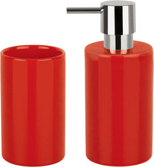 Spirella Badkamer accessoires set - zeeppompje/beker - porselein - rood - Badkameraccessoireset