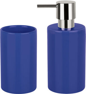 Spirella Badkamer accessoires set - zeeppompje/drinkbeker - porselein - donkerblauw
