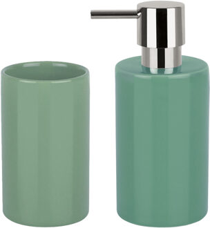 Spirella Badkamer accessoires set - zeeppompje/drinkbeker - porselein - groen