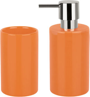 Spirella Badkamer accessoires set - zeeppompje/drinkbeker - porselein - oranje