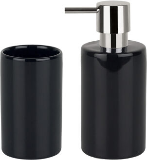 Spirella Badkamer accessoires set - zeeppompje/drinkbeker - porselein - zwart