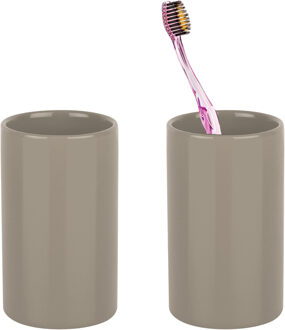 Spirella Badkamer drinkbeker/tandenborstelhouder Sienna - 2x - porselein - glans beige - 7 x 11 cm