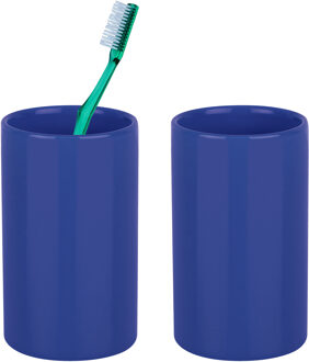Spirella Badkamer drinkbeker/tandenborstelhouder Sienna - 2x - porselein - glans blauw - 7 x 11 cm