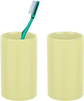 Spirella Badkamer drinkbeker/tandenborstelhouder Sienna - 2x - porselein - glans geel - 7 x 11 cm