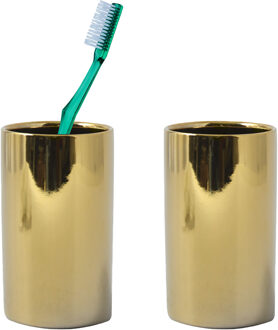 Spirella Badkamer drinkbeker/tandenborstelhouder Sienna - 2x - porselein - glans goud - 7 x 11 cm