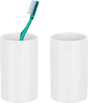 Spirella Badkamer drinkbeker/tandenborstelhouder Sienna - 2x - porselein - glans ivoor wit - 7 x 11 cm