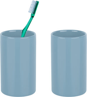 Spirella Badkamer drinkbeker/tandenborstelhouder Sienna - 2x - porselein - glans lichtblauw - 7 x 11 cm