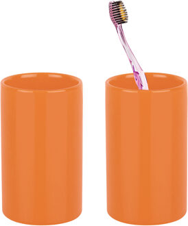 Spirella Badkamer drinkbeker/tandenborstelhouder Sienna - 2x - porselein - glans oranje - 7 x 11 cm