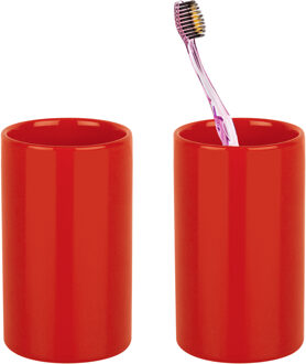Spirella Badkamer drinkbeker/tandenborstelhouder Sienna - 2x - porselein - glans rood - 7 x 11 cm
