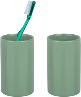 Spirella Badkamer drinkbeker/tandenborstelhouder Sienna - 2x - porselein - glans salie groen - 7 x 11 cm