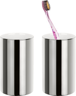 Spirella Badkamer drinkbeker/tandenborstelhouder Sienna - 2x - porselein - glans zilver - 7 x 11 cm