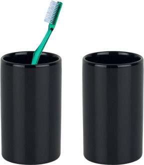 Spirella Badkamer drinkbeker/tandenborstelhouder Sienna - 2x - porselein - glans zwart - 7 x 11 cm